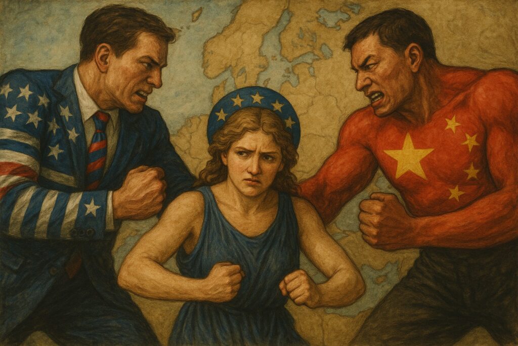 L'Europa che reagisce a un ipotetico conflitto tra stati uniti d'America e Cina, generato con Chat GPT
