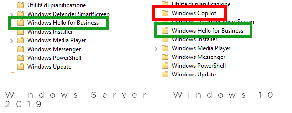 Confronto delle GPO dei profili amministrativi, lato utente, sulle funzionalità di Windows tra Server 2019 e 10